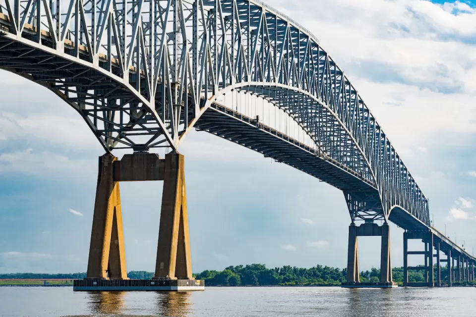 View from under Francis Scott Key Bridge in Baltimore, MD.